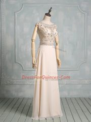 Floor Length Champagne Chiffon Cap Sleeves Beading