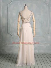 Floor Length Champagne Chiffon Cap Sleeves Beading