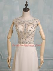 Floor Length Champagne Chiffon Cap Sleeves Beading