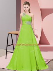Gorgeous Yellow Green Lace Up One Shoulder Beading Prom Dresses Chiffon Sleeveless Brush Train