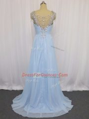 High Quality Chiffon Sleeveless Prom Evening Gown Brush Train and Beading and Ruching