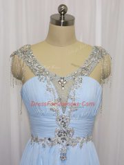 High Quality Chiffon Sleeveless Prom Evening Gown Brush Train and Beading and Ruching