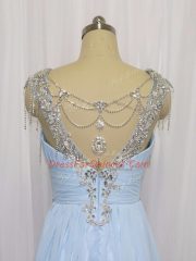 High Quality Chiffon Sleeveless Prom Evening Gown Brush Train and Beading and Ruching