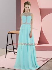 Scoop Sleeveless Prom Dress Floor Length Beading Baby Blue Chiffon