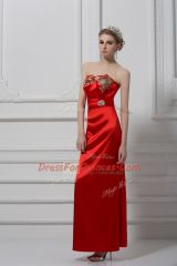 Exceptional Red Column/Sheath Satin Sweetheart Sleeveless Beading and Appliques Ankle Length Lace Up