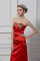 Exceptional Red Column/Sheath Satin Sweetheart Sleeveless Beading and Appliques Ankle Length Lace Up