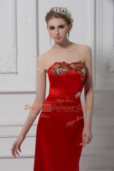 Exceptional Red Column/Sheath Satin Sweetheart Sleeveless Beading and Appliques Ankle Length Lace Up