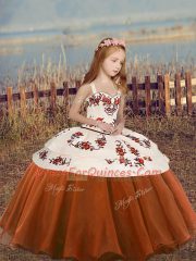 Classical Rust Red Embroidery and Ruffled Layers Little Girls Pageant Dress Wholesale Lace Up Organza Sleeveless Floor Length