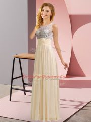 Champagne Chiffon Side Zipper Scoop Sleeveless Floor Length Dama Dress Beading