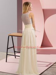 Champagne Chiffon Side Zipper Scoop Sleeveless Floor Length Dama Dress Beading
