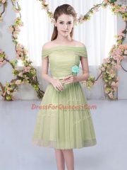 Fitting Knee Length Olive Green Dama Dress Tulle Short Sleeves Belt