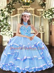 Baby Blue Ball Gowns Organza High-neck Sleeveless Appliques and Ruffled Layers Floor Length Lace Up Little Girl Pageant Gowns