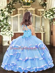 Baby Blue Ball Gowns Organza High-neck Sleeveless Appliques and Ruffled Layers Floor Length Lace Up Little Girl Pageant Gowns