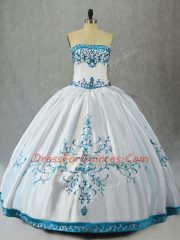 Simple Aqua Blue Ball Gowns Embroidery Sweet 16 Dresses Lace Up Satin Sleeveless Floor Length