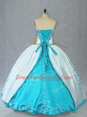 Simple Aqua Blue Ball Gowns Embroidery Sweet 16 Dresses Lace Up Satin Sleeveless Floor Length