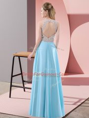Classical Scoop Sleeveless Prom Gown Floor Length Beading Lilac Satin
