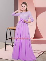 Lilac Scoop Neckline Lace and Belt Dama Dress 3 4 Length Sleeve Side Zipper