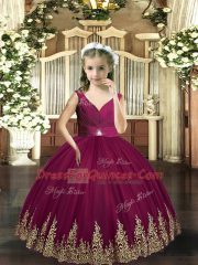 Perfect Burgundy Ball Gowns Tulle Sleeveless Embroidery Floor Length Backless Little Girls Pageant Gowns