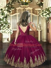 Perfect Burgundy Ball Gowns Tulle Sleeveless Embroidery Floor Length Backless Little Girls Pageant Gowns