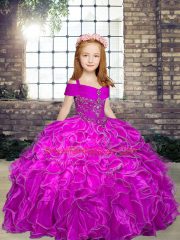 Modern Fuchsia Organza Lace Up Straps Sleeveless Floor Length Little Girls Pageant Dress Wholesale Beading and Ruffles