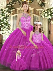 Cute Floor Length Ball Gowns Sleeveless Fuchsia Vestidos de Quinceanera Lace Up