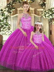 Cute Floor Length Ball Gowns Sleeveless Fuchsia Vestidos de Quinceanera Lace Up