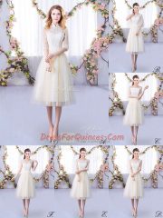 Champagne Empire Tulle High-neck Half Sleeves Lace Tea Length Lace Up Damas Dress