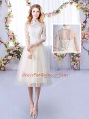 Champagne Empire Tulle High-neck Half Sleeves Lace Tea Length Lace Up Damas Dress