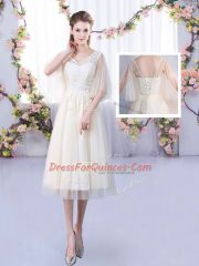 Champagne Empire Tulle High-neck Half Sleeves Lace Tea Length Lace Up Damas Dress