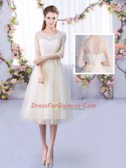 Champagne Empire Tulle High-neck Half Sleeves Lace Tea Length Lace Up Damas Dress