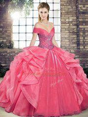 Floor Length Lace Up Quinceanera Gowns Coral Red for Military Ball and Sweet 16 and Quinceanera with Beading and Ruffles