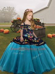 Straps Sleeveless Pageant Dresses Floor Length Embroidery Teal Organza