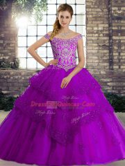 Custom Made Purple Lace Up Quince Ball Gowns Beading and Lace Sleeveless Brush Train