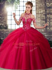 Luxurious Coral Red Lace Up Sweet 16 Dress Beading and Pick Ups Sleeveless Brush Train