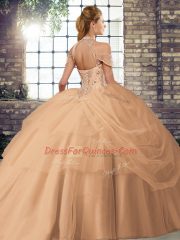 Luxurious Coral Red Lace Up Sweet 16 Dress Beading and Pick Ups Sleeveless Brush Train