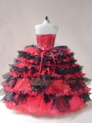 Red And Black Sleeveless Beading and Ruffled Layers Floor Length 15th Birthday Dress