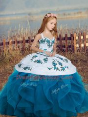 Straps Sleeveless Lace Up Child Pageant Dress Blue