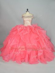 Best Watermelon Red Organza Lace Up Off The Shoulder Sleeveless Floor Length Quinceanera Gown Beading and Ruffles