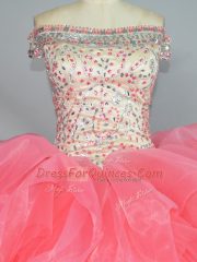 Best Watermelon Red Organza Lace Up Off The Shoulder Sleeveless Floor Length Quinceanera Gown Beading and Ruffles