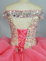 Best Watermelon Red Organza Lace Up Off The Shoulder Sleeveless Floor Length Quinceanera Gown Beading and Ruffles