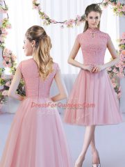 Pink High-neck Zipper Lace Damas Dress Cap Sleeves