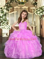 Customized Lilac Ball Gowns Organza Straps Sleeveless Ruffled Layers Floor Length Lace Up Little Girls Pageant Dress
