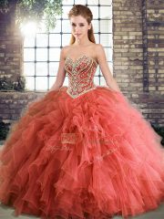 Beautiful Coral Red Lace Up Sweet 16 Dress Beading and Ruffles Sleeveless Floor Length