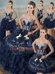 Embroidery and Ruffles Vestidos de Quinceanera Navy Blue Lace Up Sleeveless Floor Length