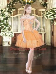 Mini Length Orange Red Prom Gown Off The Shoulder Sleeveless Lace Up