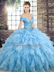 Blue Sweet 16 Dress Military Ball and Sweet 16 and Quinceanera with Beading and Ruffles Off The Shoulder Sleeveless Brush Train Lace Up