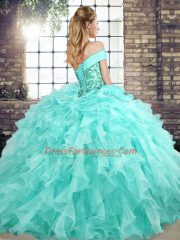 Blue Sweet 16 Dress Military Ball and Sweet 16 and Quinceanera with Beading and Ruffles Off The Shoulder Sleeveless Brush Train Lace Up