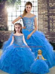 Blue Tulle Lace Up Off The Shoulder Sleeveless Vestidos de Quinceanera Brush Train Beading and Ruffles