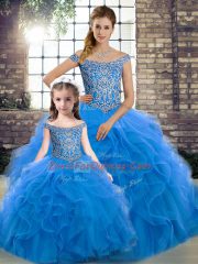 Blue Tulle Lace Up Off The Shoulder Sleeveless Vestidos de Quinceanera Brush Train Beading and Ruffles