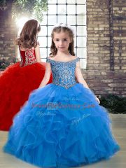 Blue Tulle Lace Up Off The Shoulder Sleeveless Vestidos de Quinceanera Brush Train Beading and Ruffles